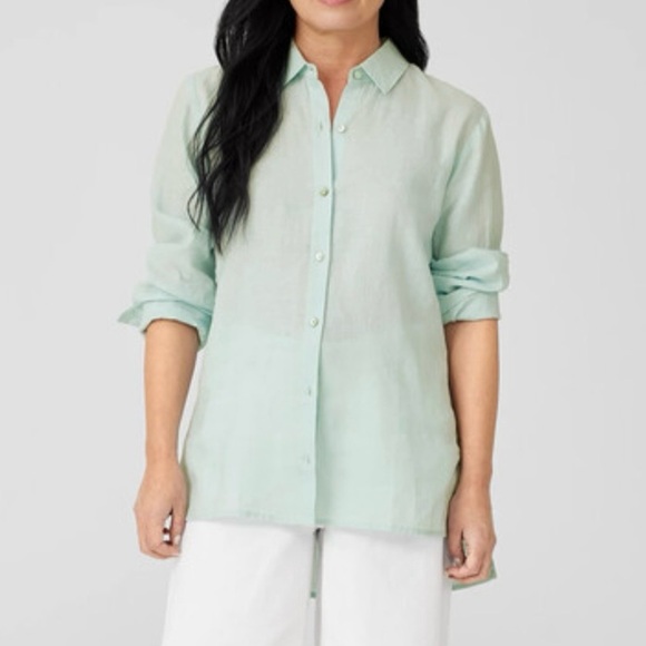 Eileen Fisher Tops - Eileen Fisher Handkerchief Organic Linen Classic Button Front Shirt Mint Green M